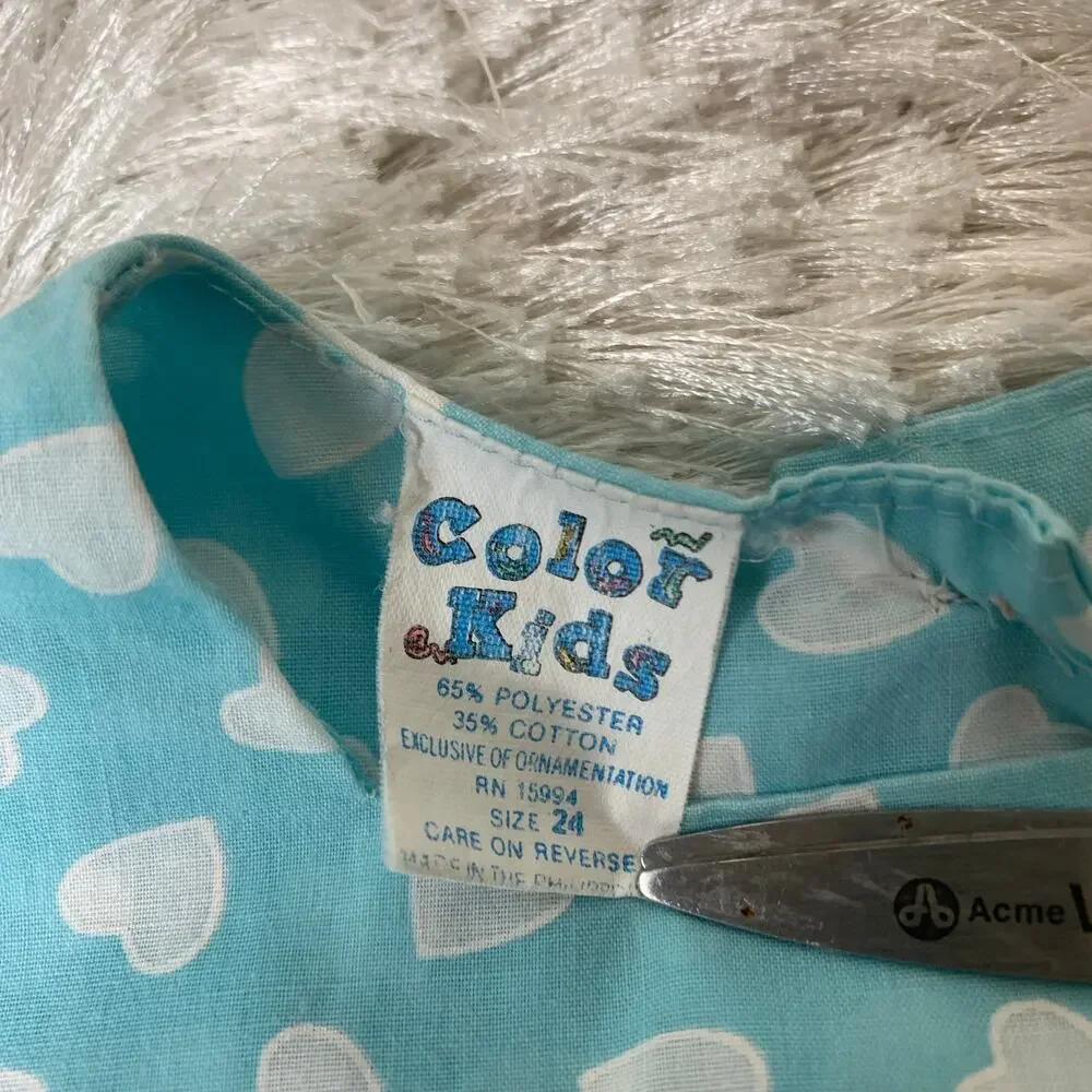 Vintage Aqua Blue Heart Print 2 Piece Set Dress Bloomers Sz 24 Months